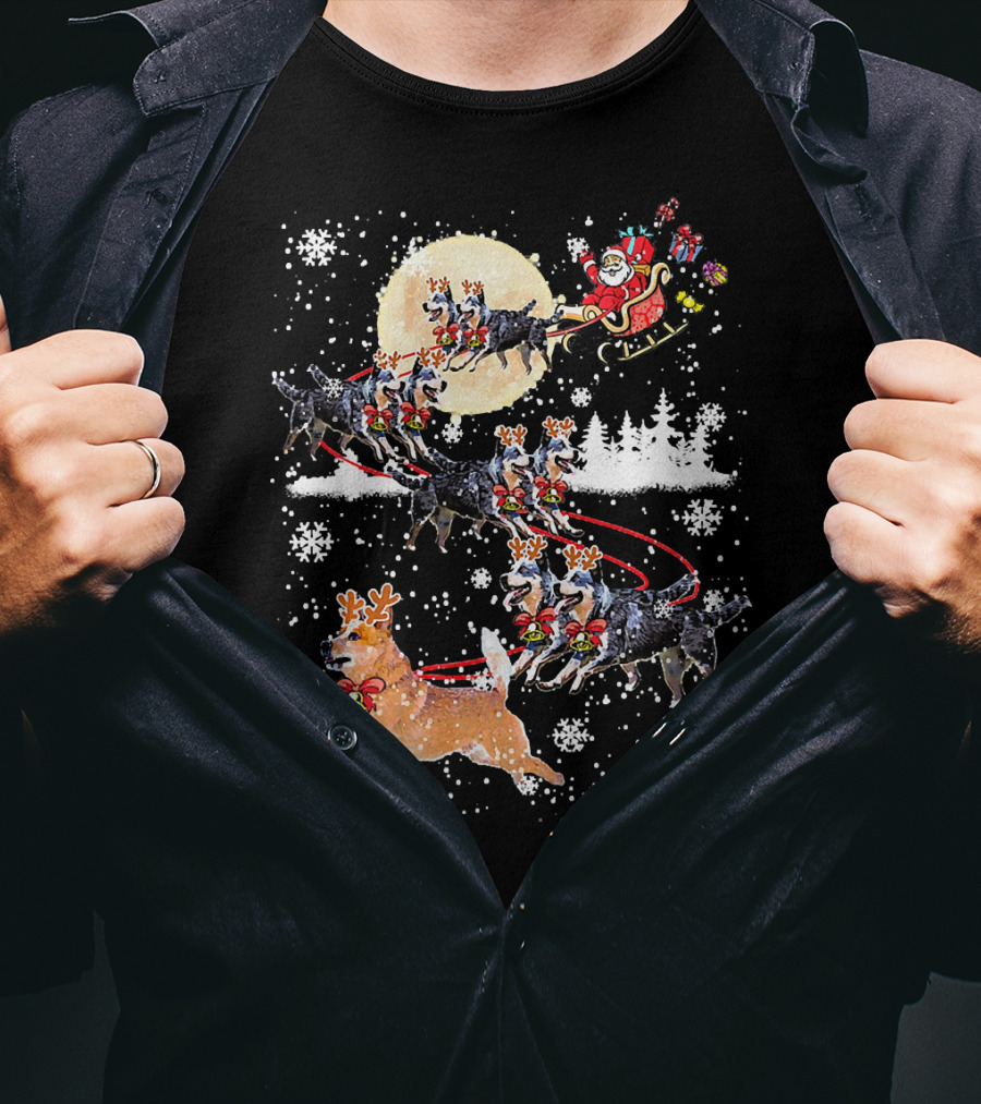 Heeler Reindeer Santa Sleigh Christmas Moon Dog T-Shirt