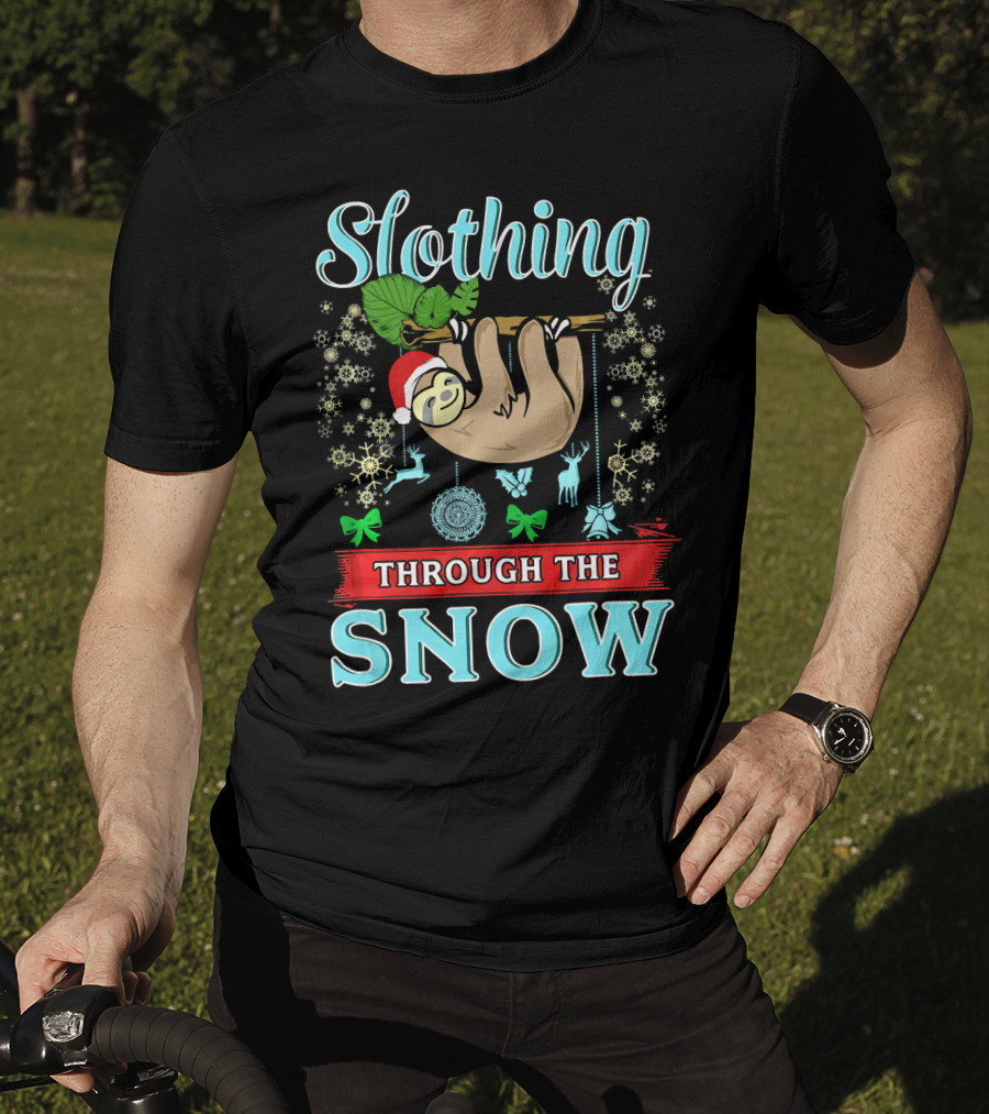 Slothing Through The Snow Cute Christmas Sloth With Santa Hat And Snowflakes T-Shirt