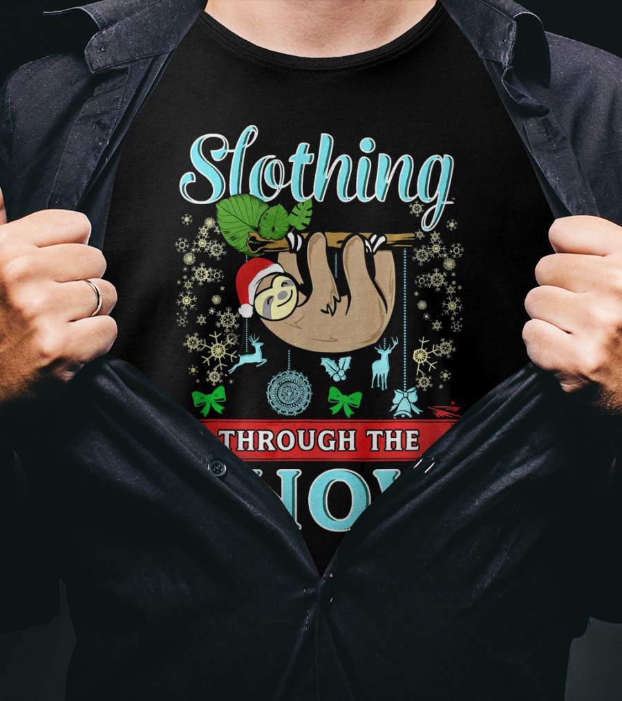 Slothing Through The Snow Cute Christmas Sloth With Santa Hat And Snowflakes T-Shirt