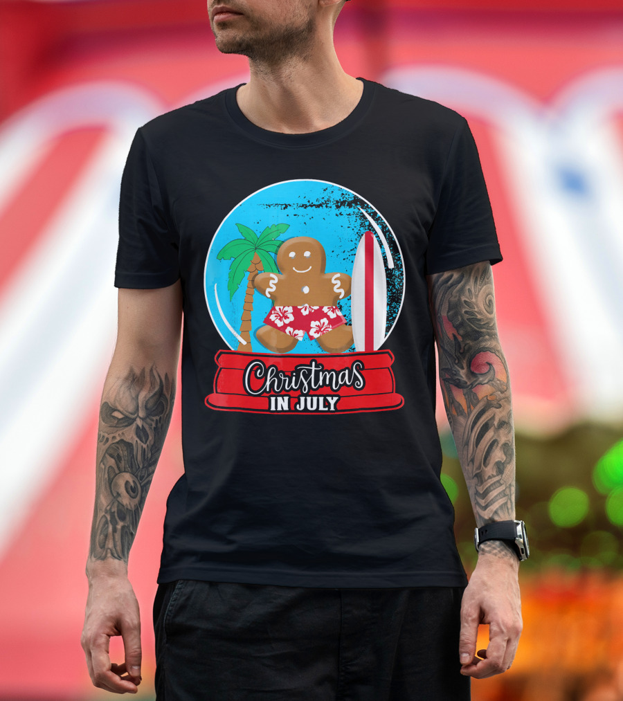 Christmas In July Surfing Gingerbread Snow Globe T-Shirt