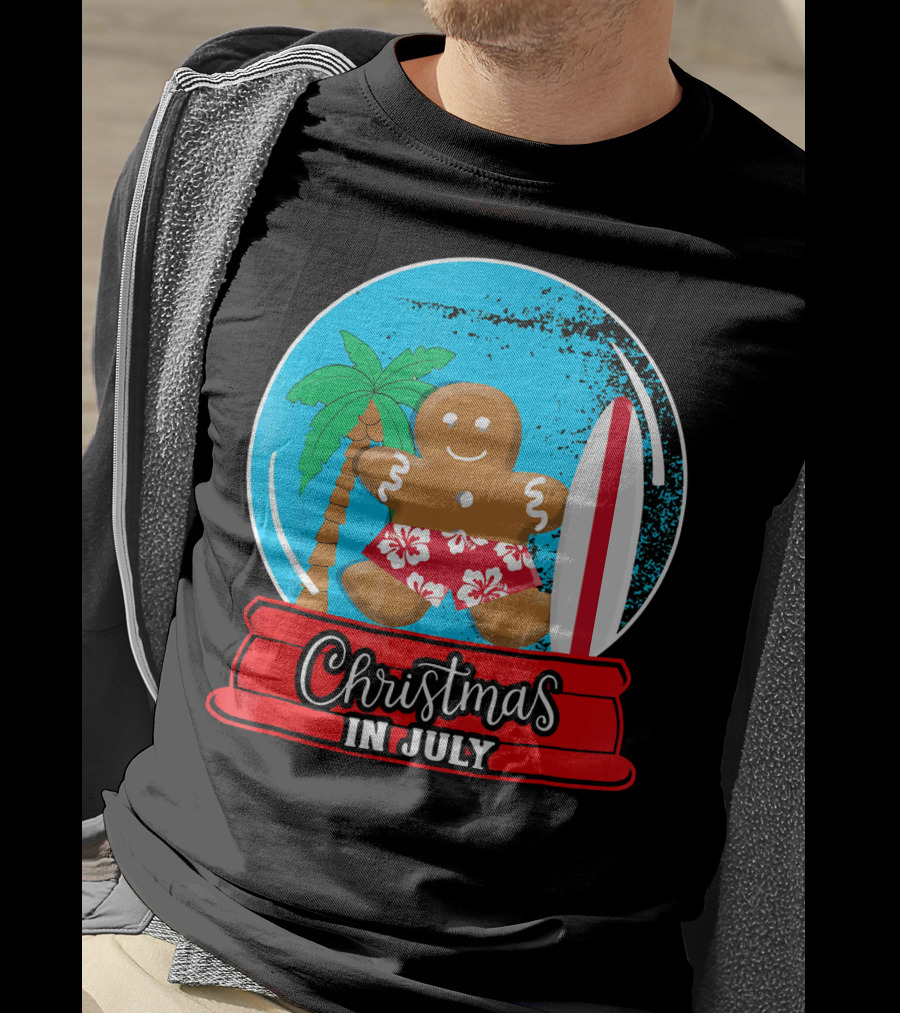 Christmas In July Surfing Gingerbread Snow Globe T-Shirt