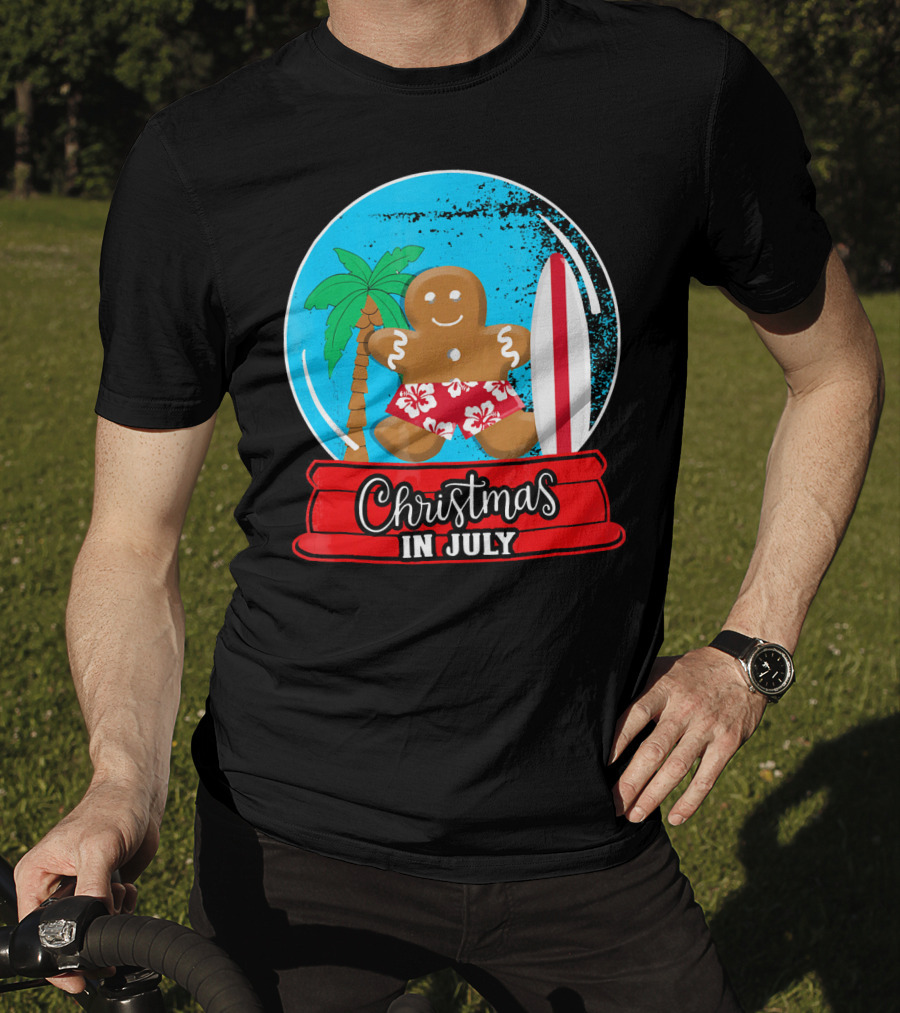 Christmas In July Surfing Gingerbread Snow Globe T-Shirt