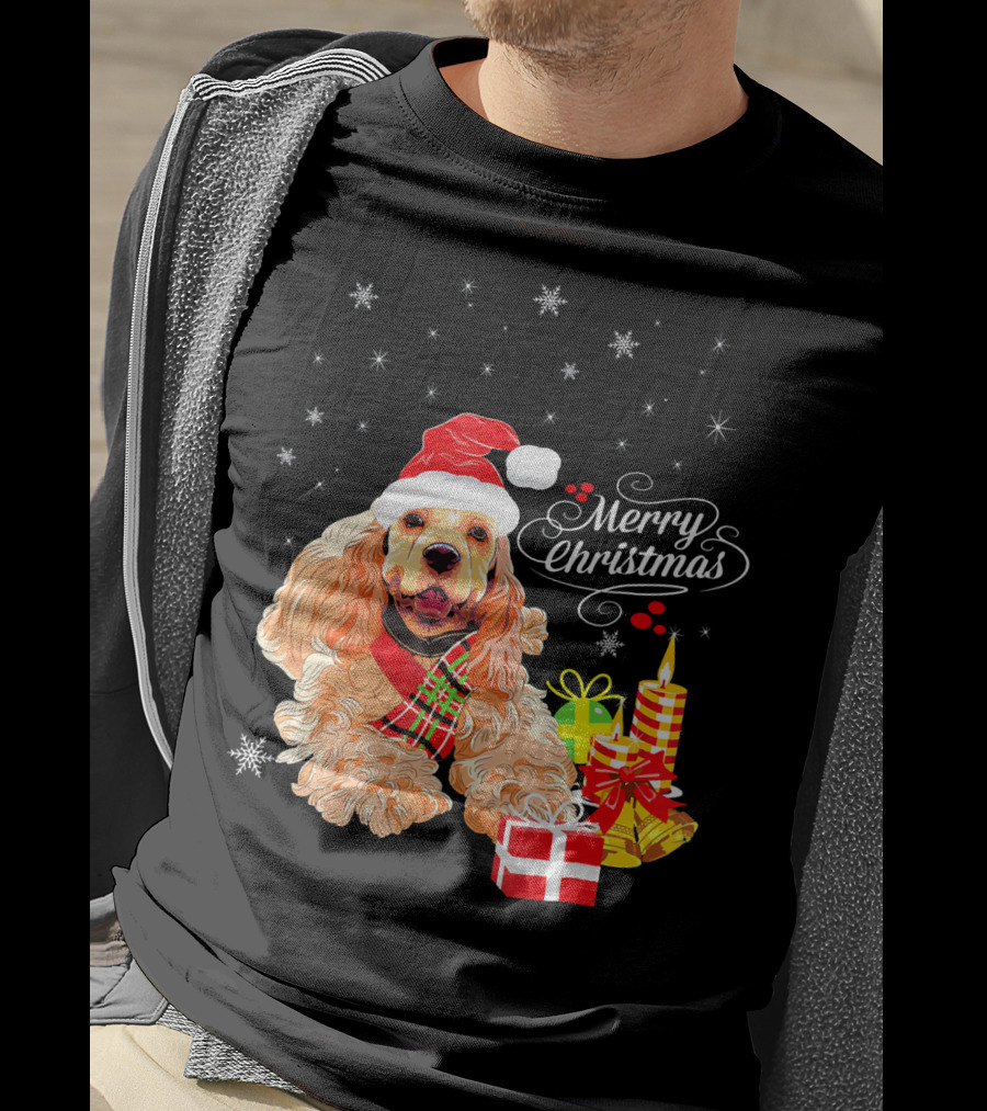 Cocker Spaniel Merry Christmas Santa Hat Candles Gifts Snowflakes T-Shirt