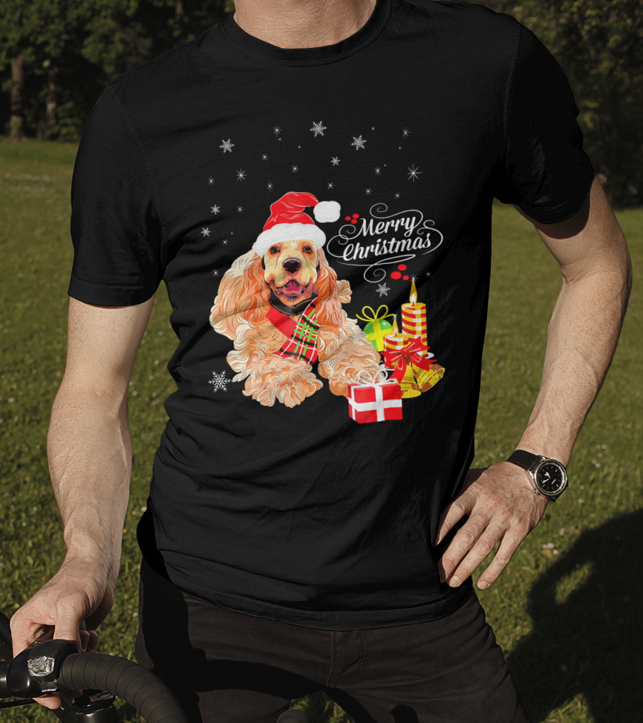 Cocker Spaniel Merry Christmas Santa Hat Candles Gifts Snowflakes T-Shirt