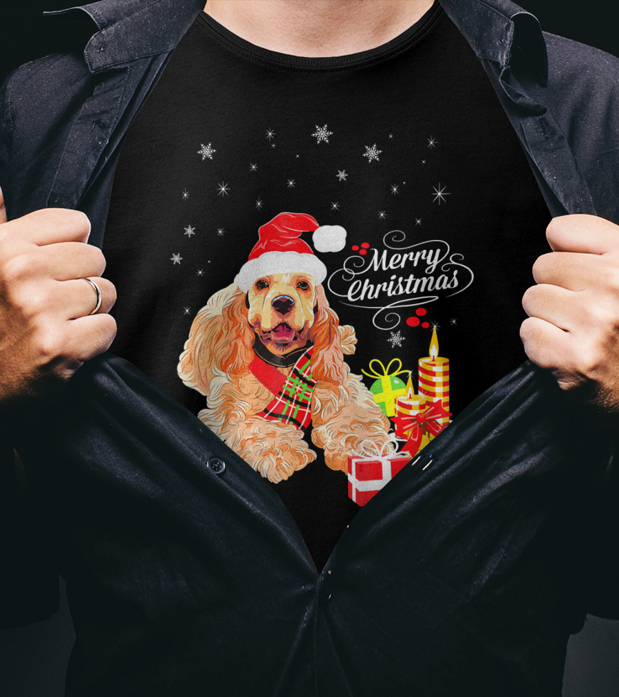 Cocker Spaniel Merry Christmas Santa Hat Candles Gifts Snowflakes T-Shirt