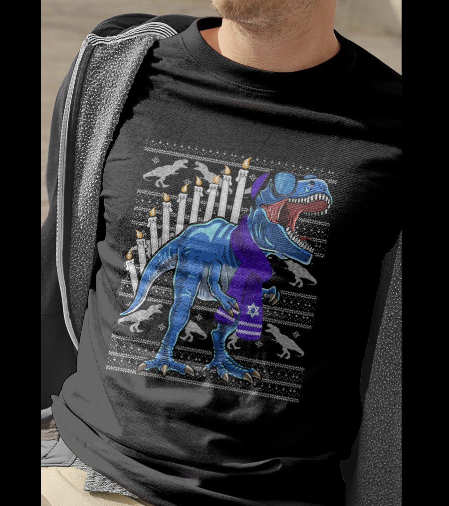 Menorasaurus Rex Dinosaur Wearing Blue Scarf And Sunglasses With Candles And Dinosaur T-Shirt