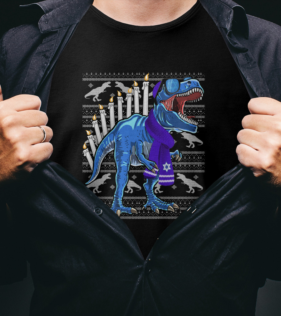 Menorasaurus Rex Dinosaur Wearing Blue Scarf And Sunglasses With Candles And Dinosaur T-Shirt