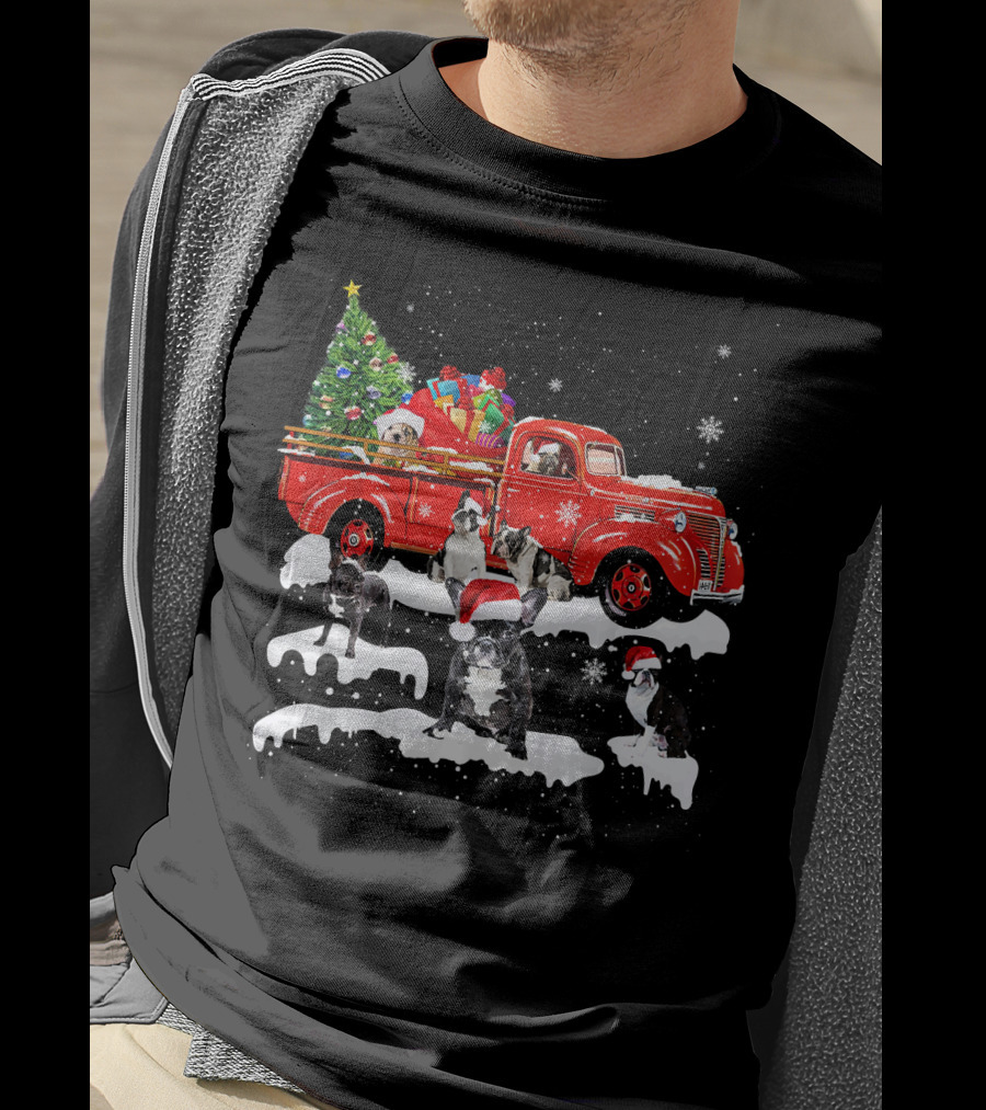 French Bulldog Christmas Red Truck With Santa Hats And Gifts T-Shirt