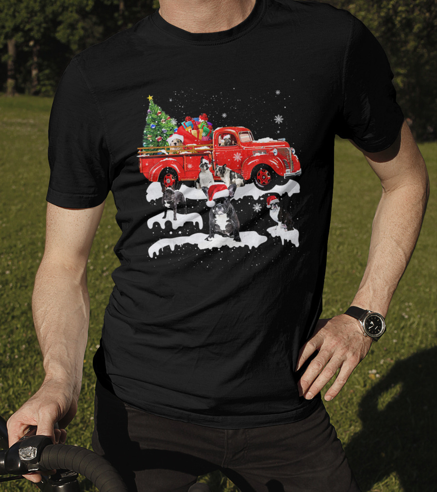 French Bulldog Christmas Red Truck With Santa Hats And Gifts T-Shirt