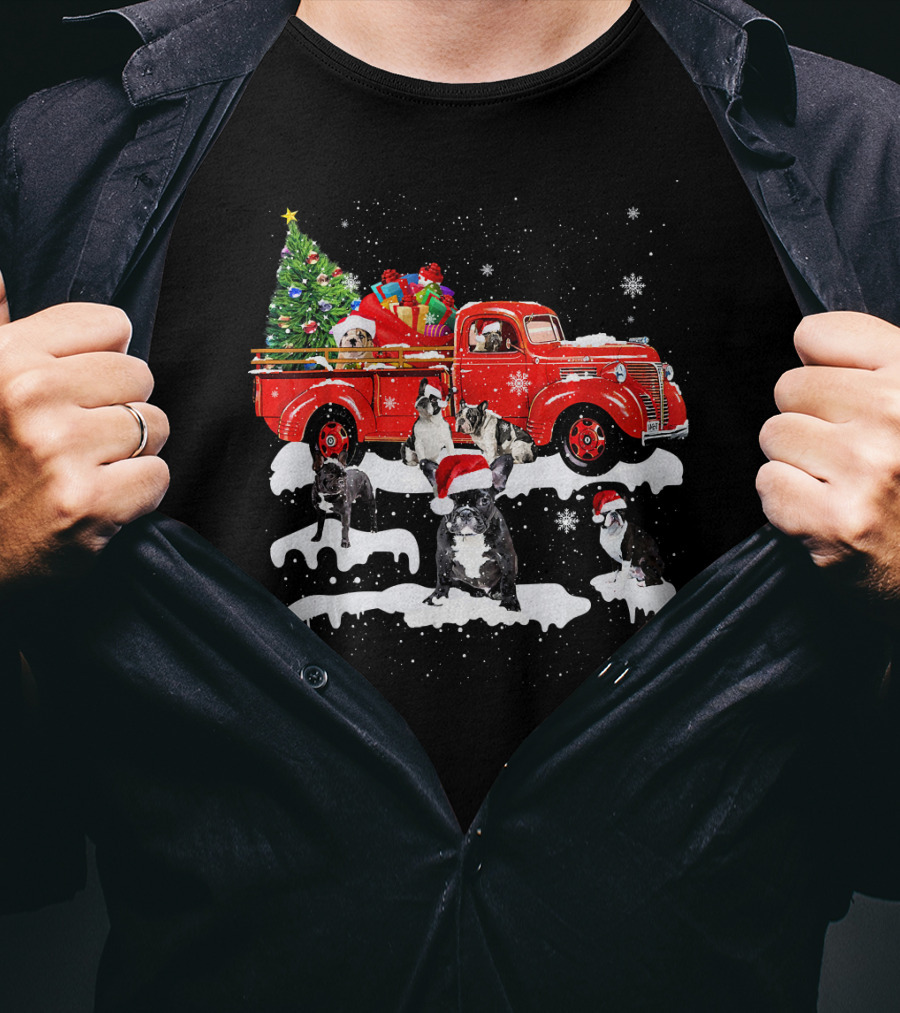 French Bulldog Christmas Red Truck With Santa Hats And Gifts T-Shirt