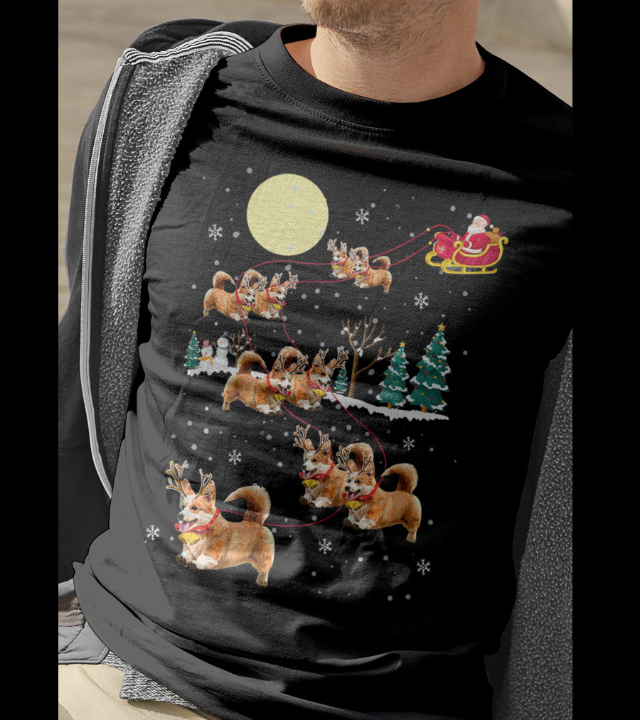 Christmas Corgi Santa Sleigh Cute Holiday Pajamas T-Shirt
