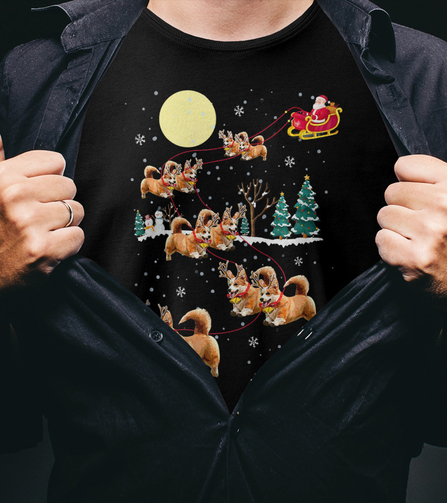 Christmas Corgi Santa Sleigh Cute Holiday Pajamas T-Shirt