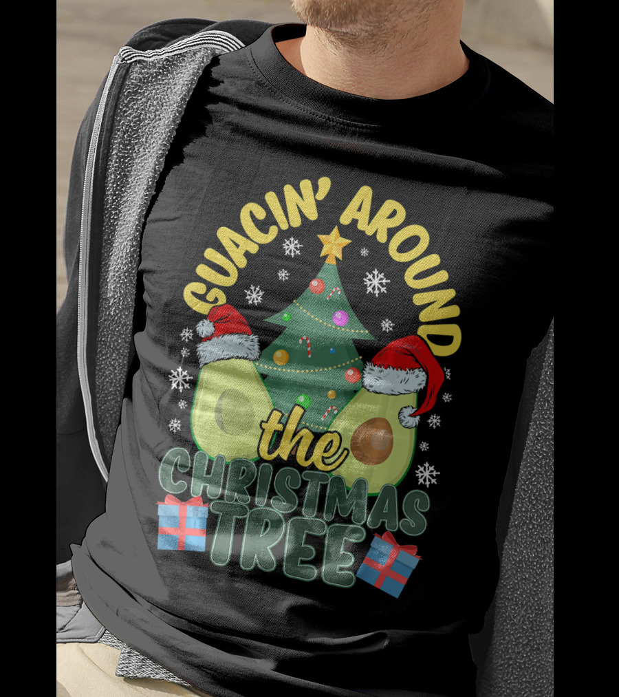 Guacin' Around The Christmas Tree Snowflakes Presents Santa Hats T-Shirt