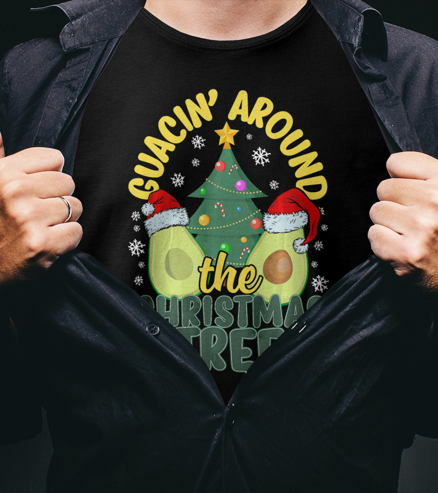 Guacin' Around The Christmas Tree Snowflakes Presents Santa Hats T-Shirt