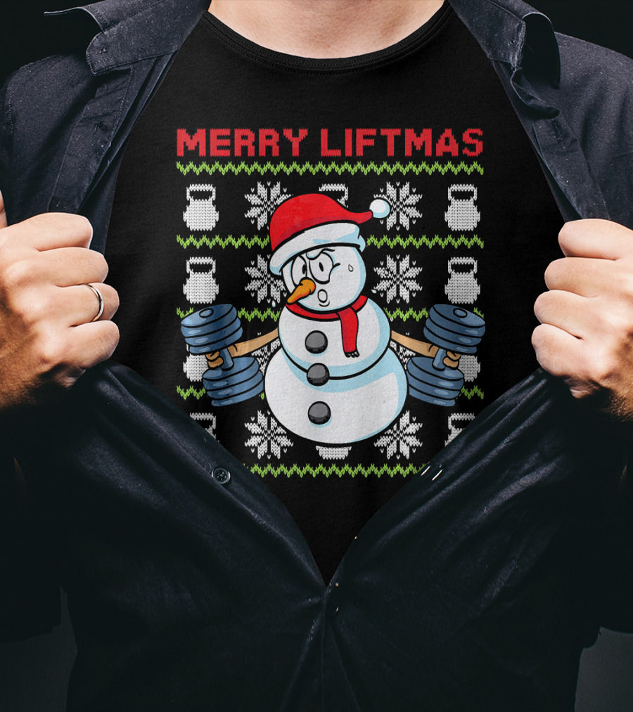 Merry Liftmas Fitness Snowman Xmas Weightlifting Kettlebells T-Shirt