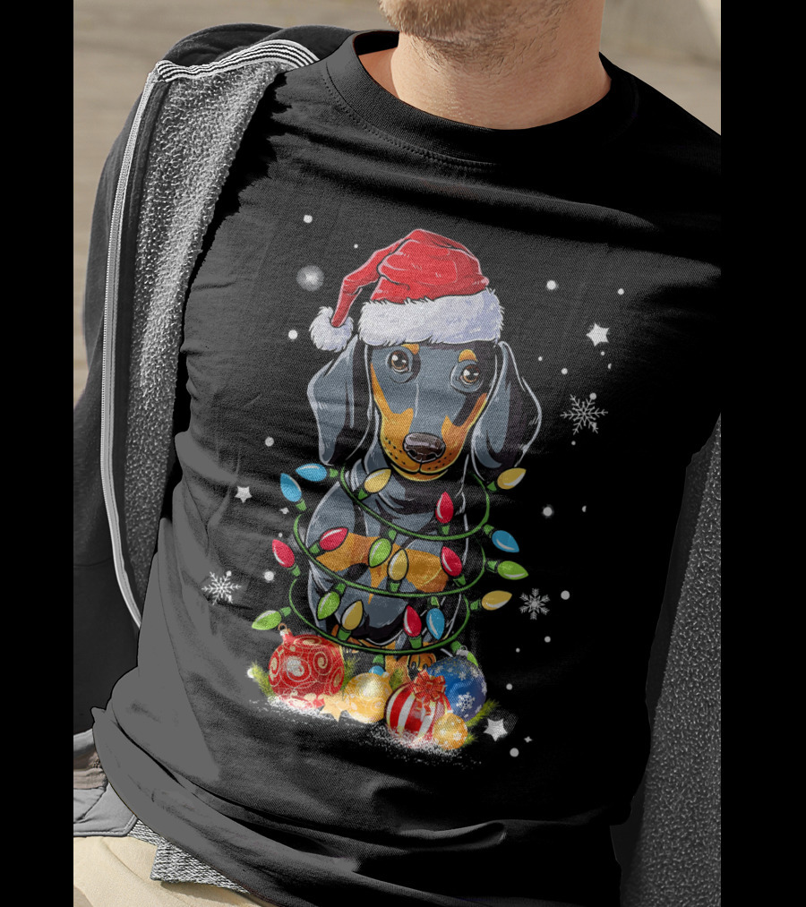 Dachshund Wrapped In Christmas Lights With Santa Hat And Ornaments T-Shirt