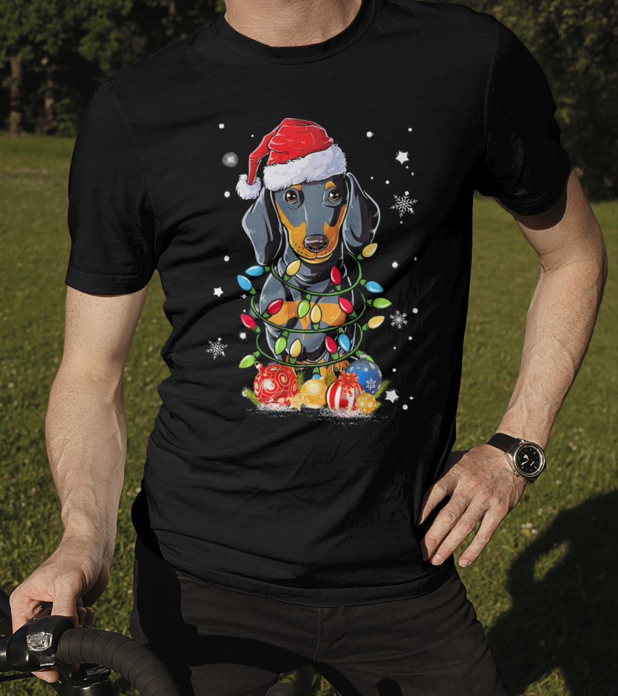 Dachshund Wrapped In Christmas Lights With Santa Hat And Ornaments T-Shirt