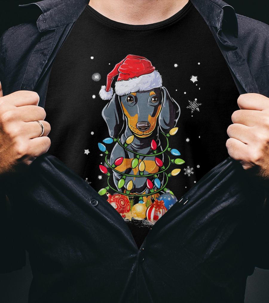 Dachshund Wrapped In Christmas Lights With Santa Hat And Ornaments T-Shirt