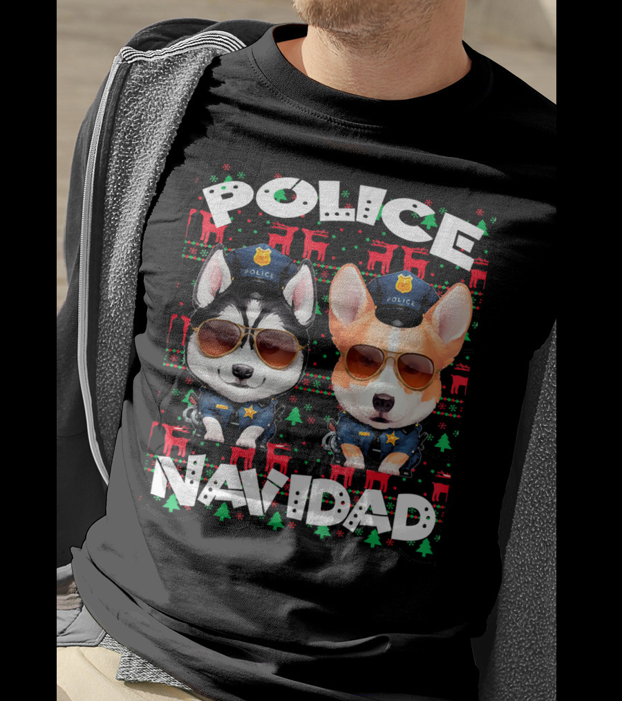 Police Navidad Ugly Christmas Dog Cops With Sunglasses T-Shirt