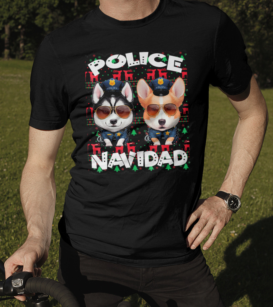 Police Navidad Ugly Christmas Dog Cops With Sunglasses T-Shirt
