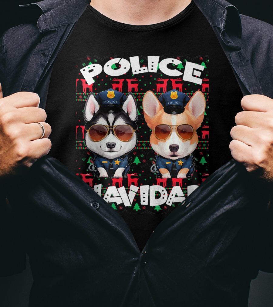 Police Navidad Ugly Christmas Dog Cops With Sunglasses T-Shirt