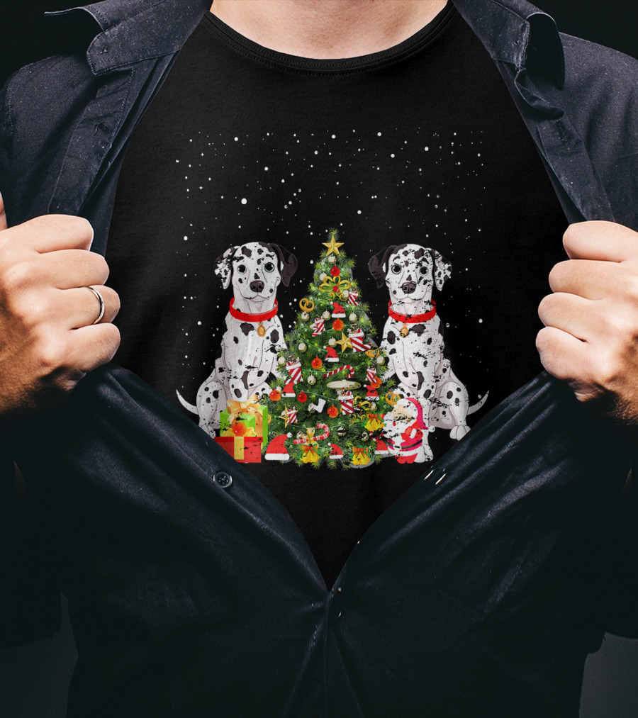 Dalmatian Christmas Tree Dalmatian Holiday Costume With Gifts And Santa T-Shirt
