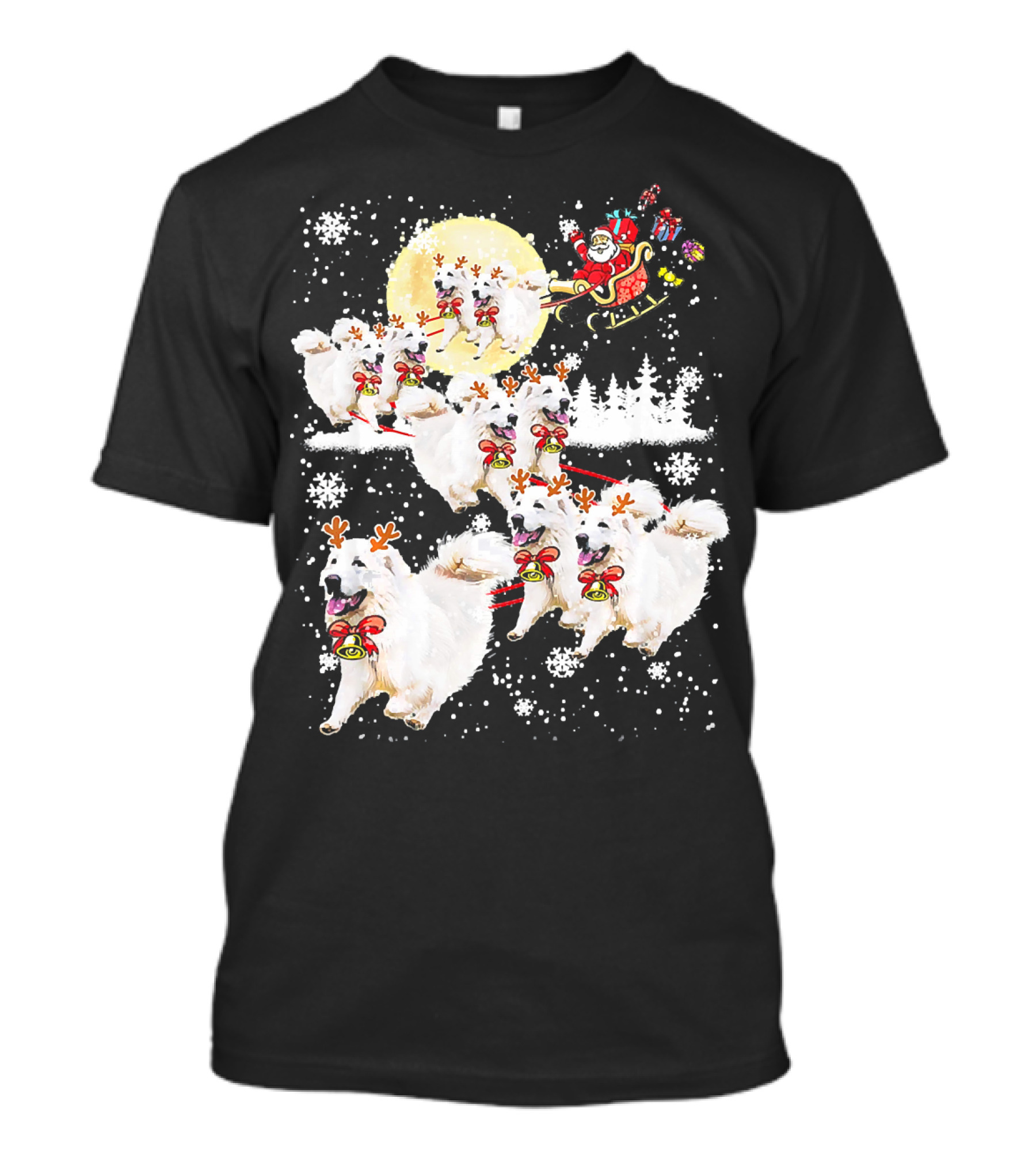 Great Pyrenees Reindeer Santa Christmas With Sleigh And Snowflakes T-Shirt
