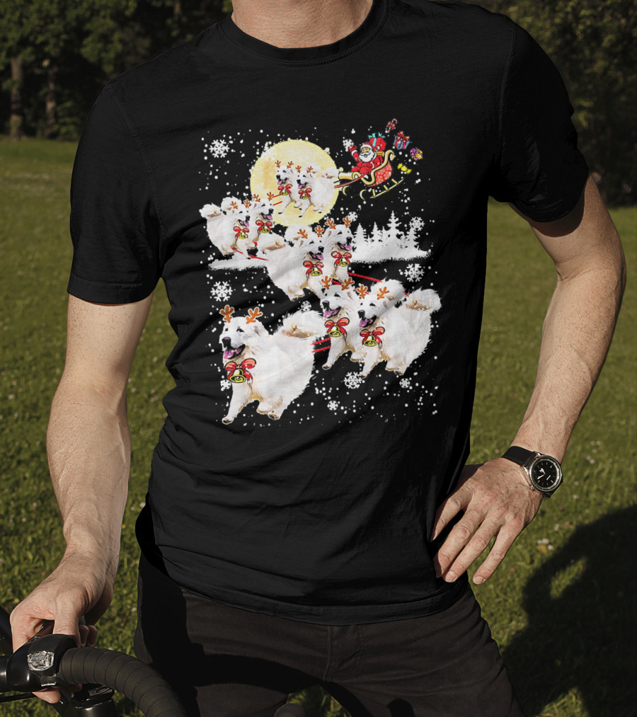 Great Pyrenees Reindeer Santa Christmas With Sleigh And Snowflakes T-Shirt