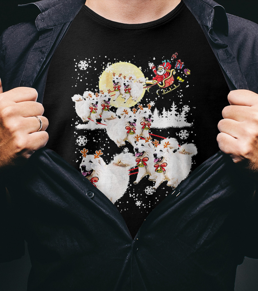 Great Pyrenees Reindeer Santa Christmas With Sleigh And Snowflakes T-Shirt