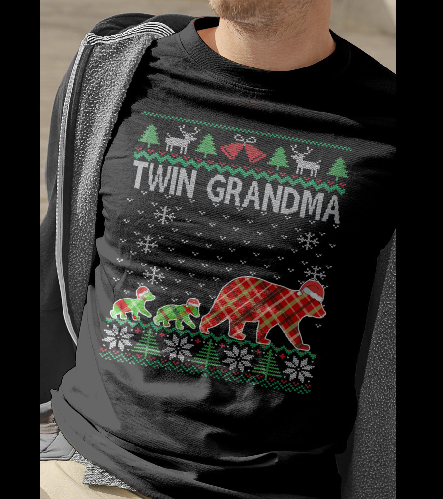 Twin Grandma Matching Ugly Christmas Plaid Bear Family Snowflakes Trees T-Shirt