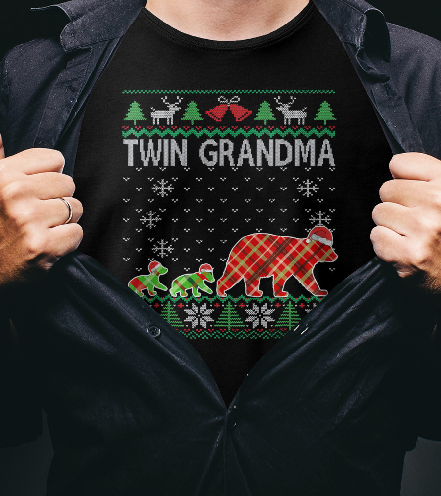 Twin Grandma Matching Ugly Christmas Plaid Bear Family Snowflakes Trees T-Shirt