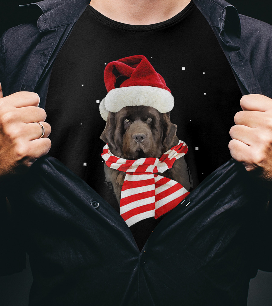 Newfoundland Santa Merry Christmas Dog With Red Hat And Scarf T-Shirt