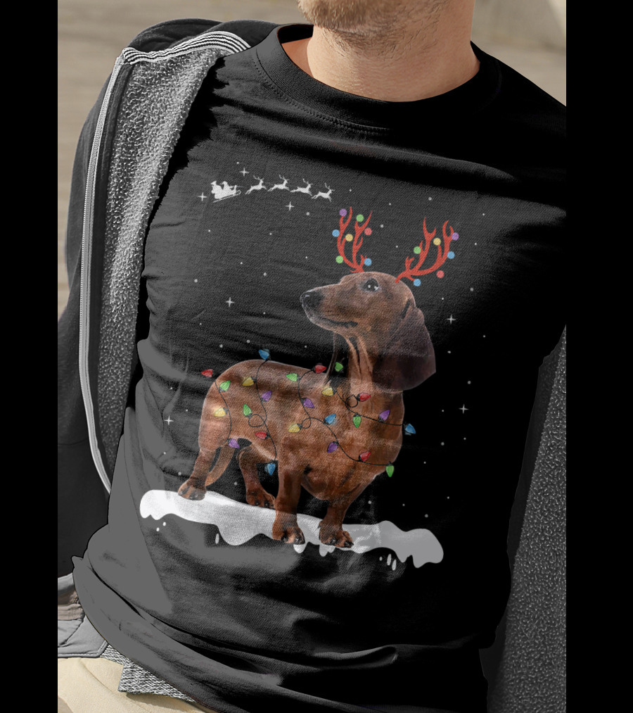 Reindeer Dachshund With Holiday Lights And Santa Sleigh T-Shirt