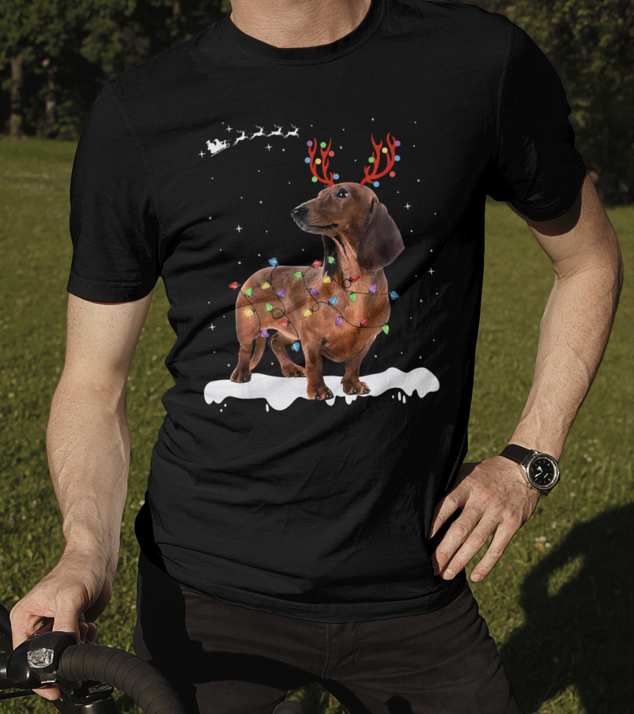 Reindeer Dachshund With Holiday Lights And Santa Sleigh T-Shirt