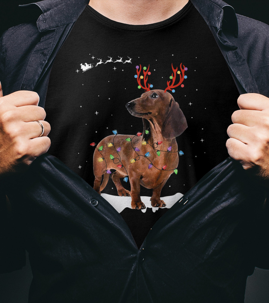 Reindeer Dachshund With Holiday Lights And Santa Sleigh T-Shirt