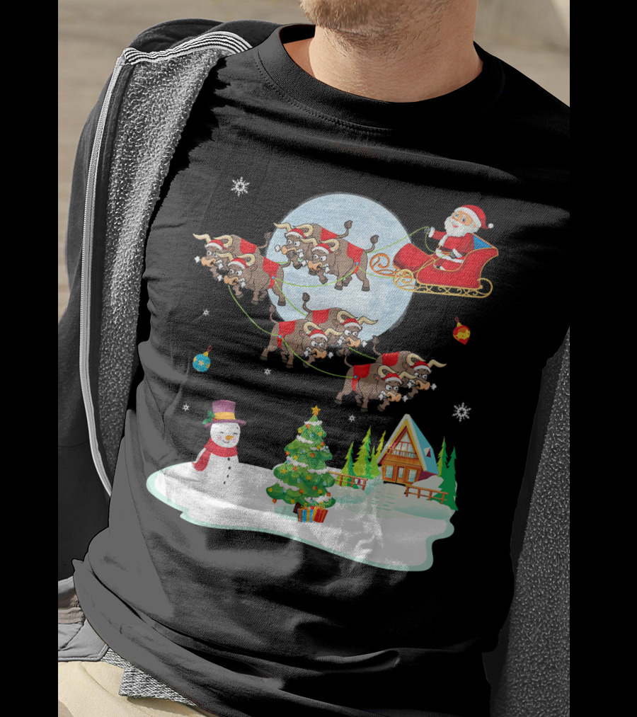 Santa Claus Buffalo Sleigh Snowman Christmas Scene T-Shirt