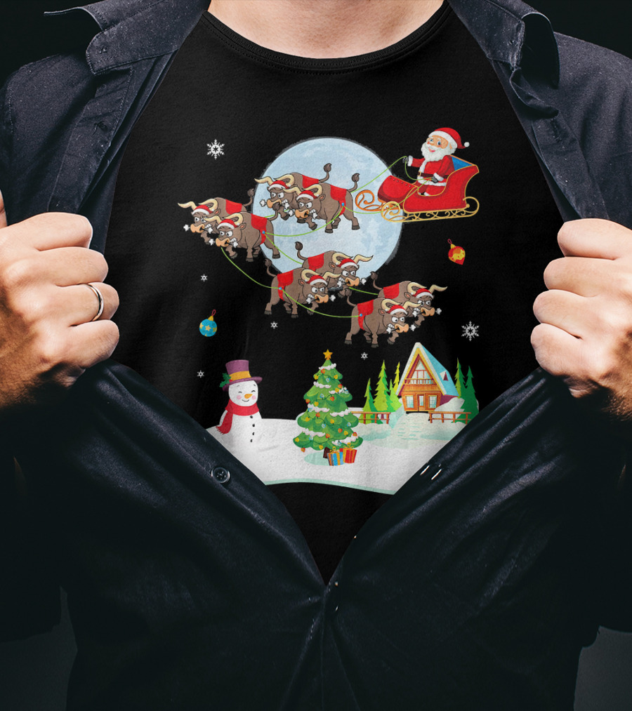 Santa Claus Buffalo Sleigh Snowman Christmas Scene T-Shirt