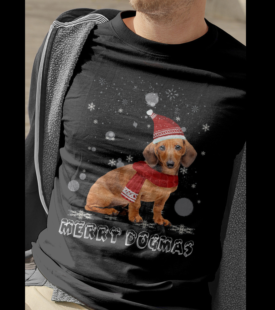 Merry Dogmas Dachshund Dog In Snow With Santa Hat And Scarf T-Shirt