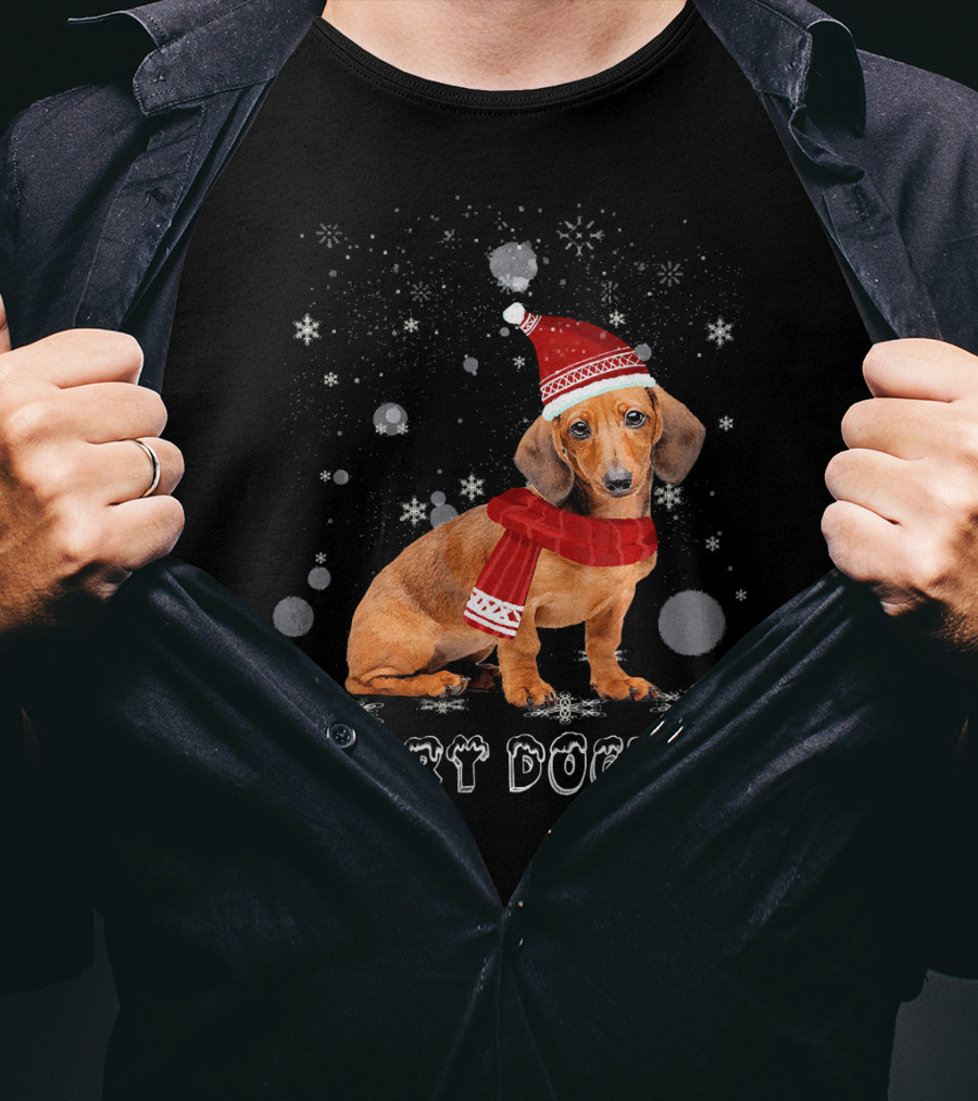 Merry Dogmas Dachshund Dog In Snow With Santa Hat And Scarf T-Shirt