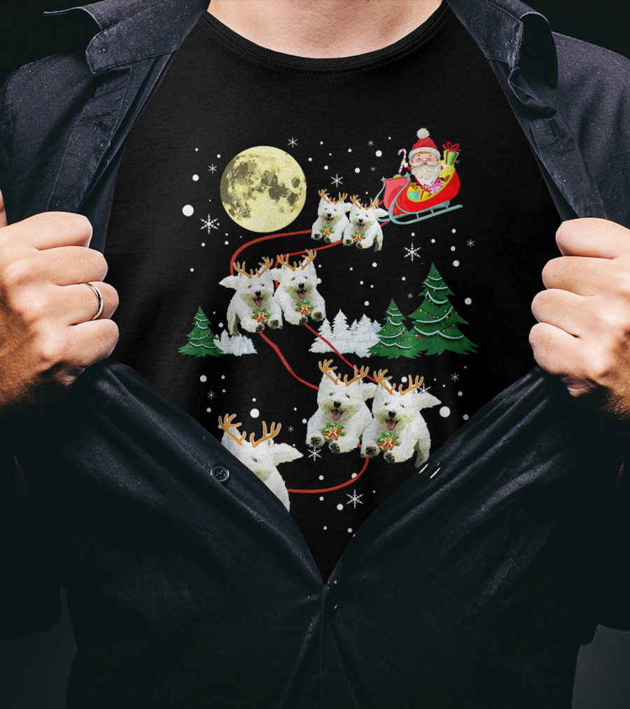 Santa Sleigh With Westie Reindeer Christmas Moon And Trees T-Shirt