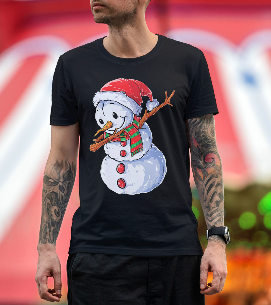 Festive Snowman with Santa Hat and Striped Scarf T-Shirt