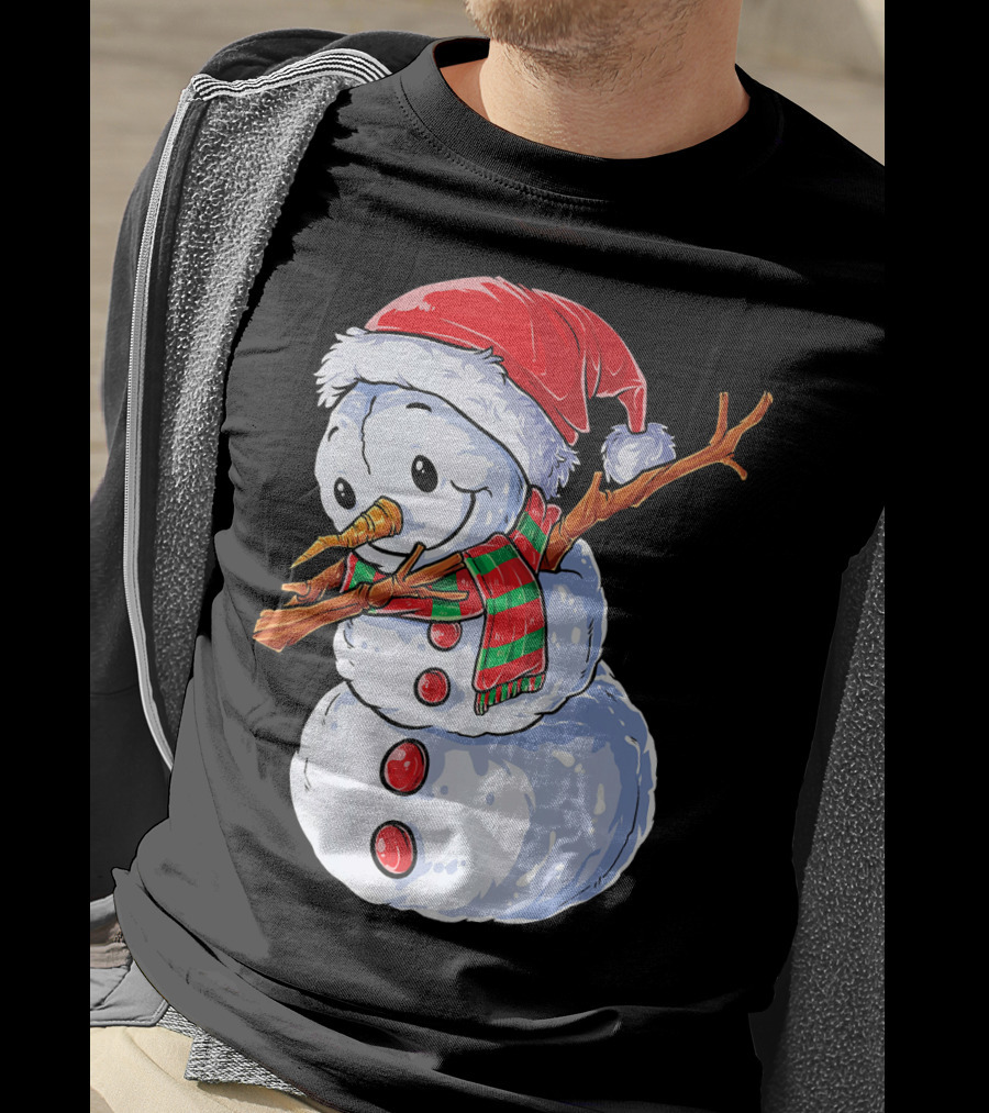 Festive Snowman With Santa Hat And Striped Scarf T-Shirt