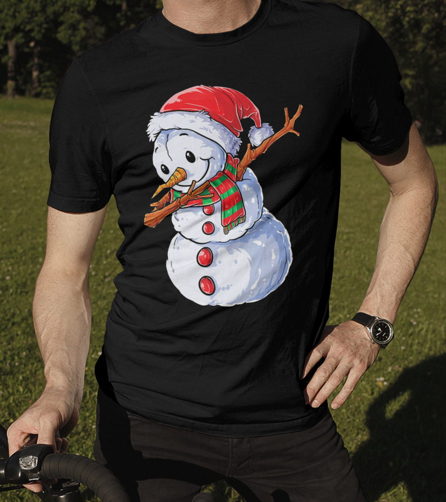 Festive Snowman With Santa Hat And Striped Scarf T-Shirt