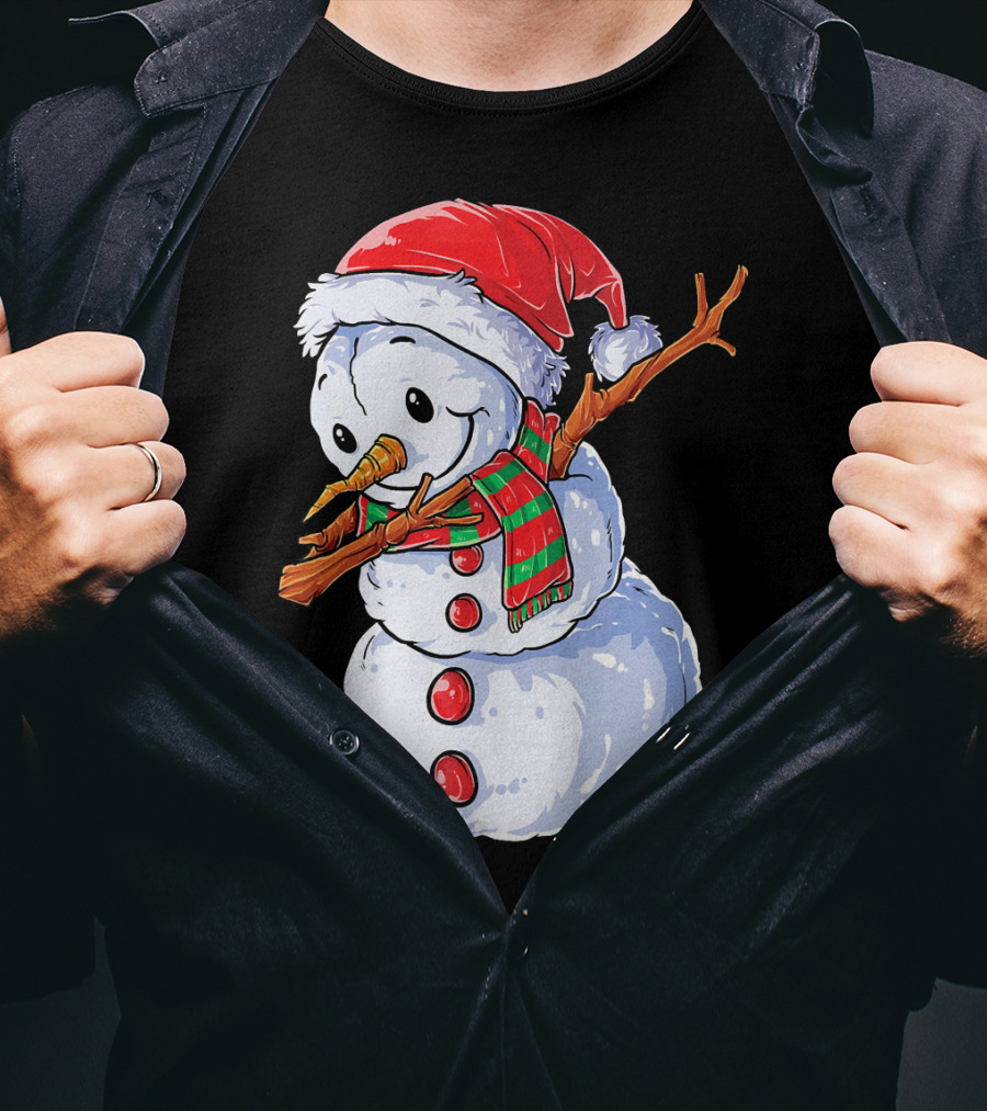 Festive Snowman With Santa Hat And Striped Scarf T-Shirt