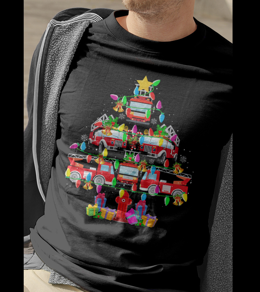 Fire Truck Christmas Tree With Decorations And Gifts T-Shirt