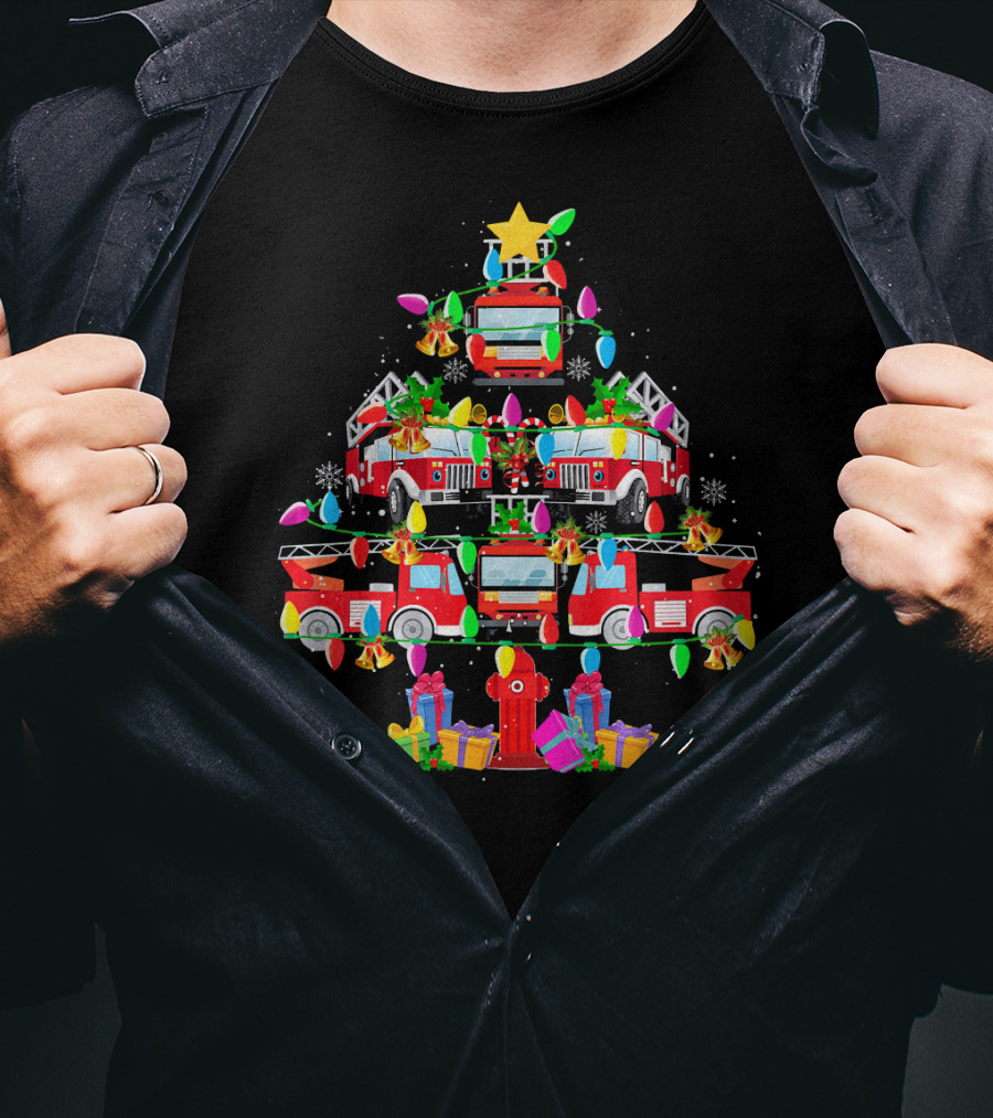 Fire Truck Christmas Tree With Decorations And Gifts T-Shirt