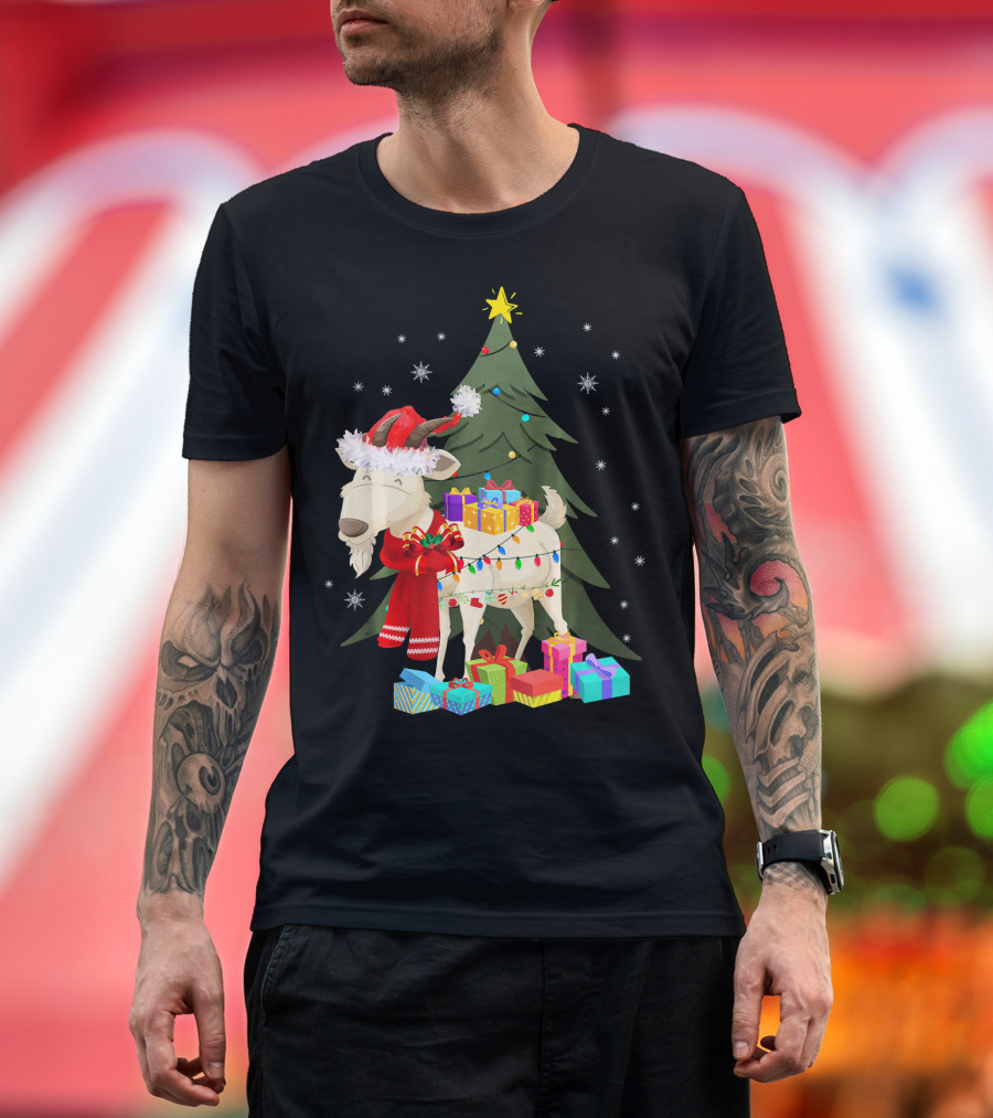 Goat Christmas Lights Funny Goat Santa Hat Presents Tree Snowflakes T-Shirt