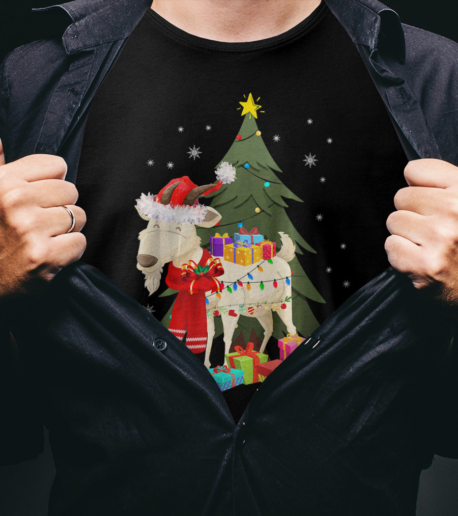 Goat Christmas Lights Funny Goat Santa Hat Presents Tree Snowflakes T-Shirt