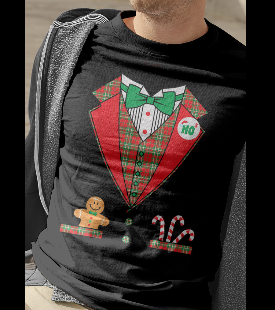 Funny Christmas Costume Tuxedo Ho Ho Ho Bow Tie Gingerbread Candy Cane T-Shirt