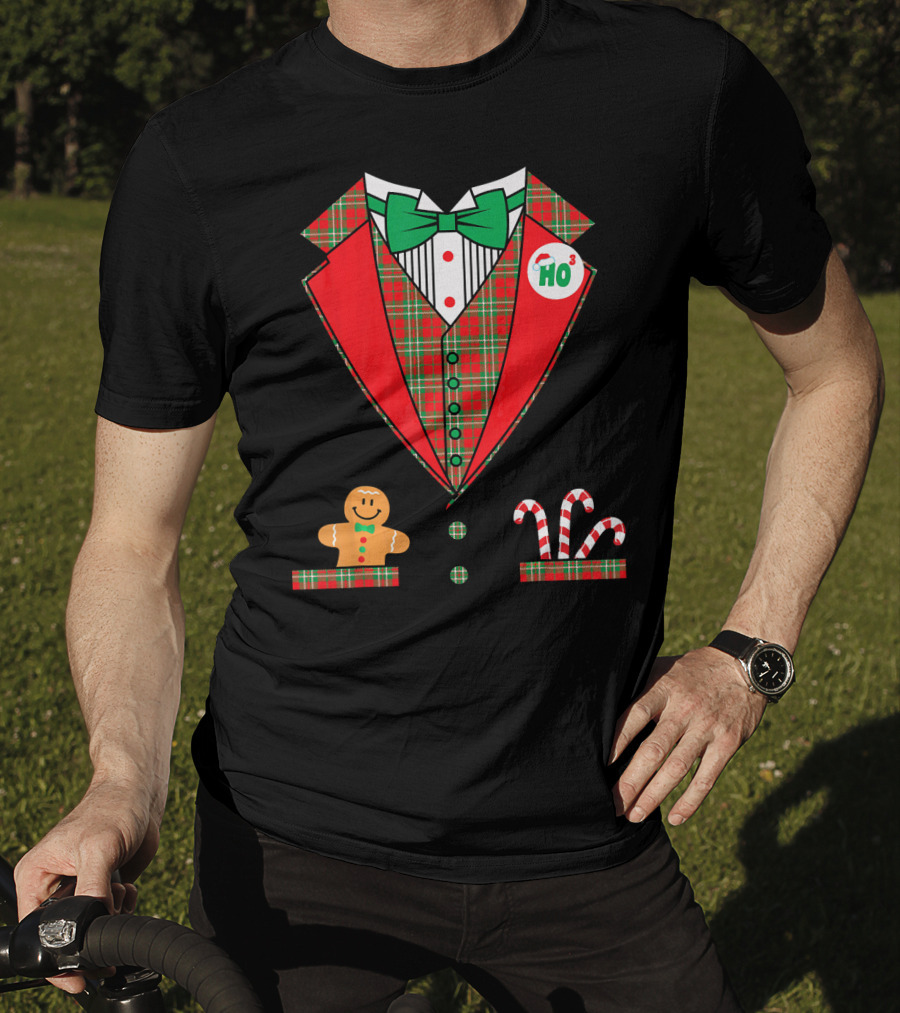 Funny Christmas Costume Tuxedo Ho Ho Ho Bow Tie Gingerbread Candy Cane T-Shirt